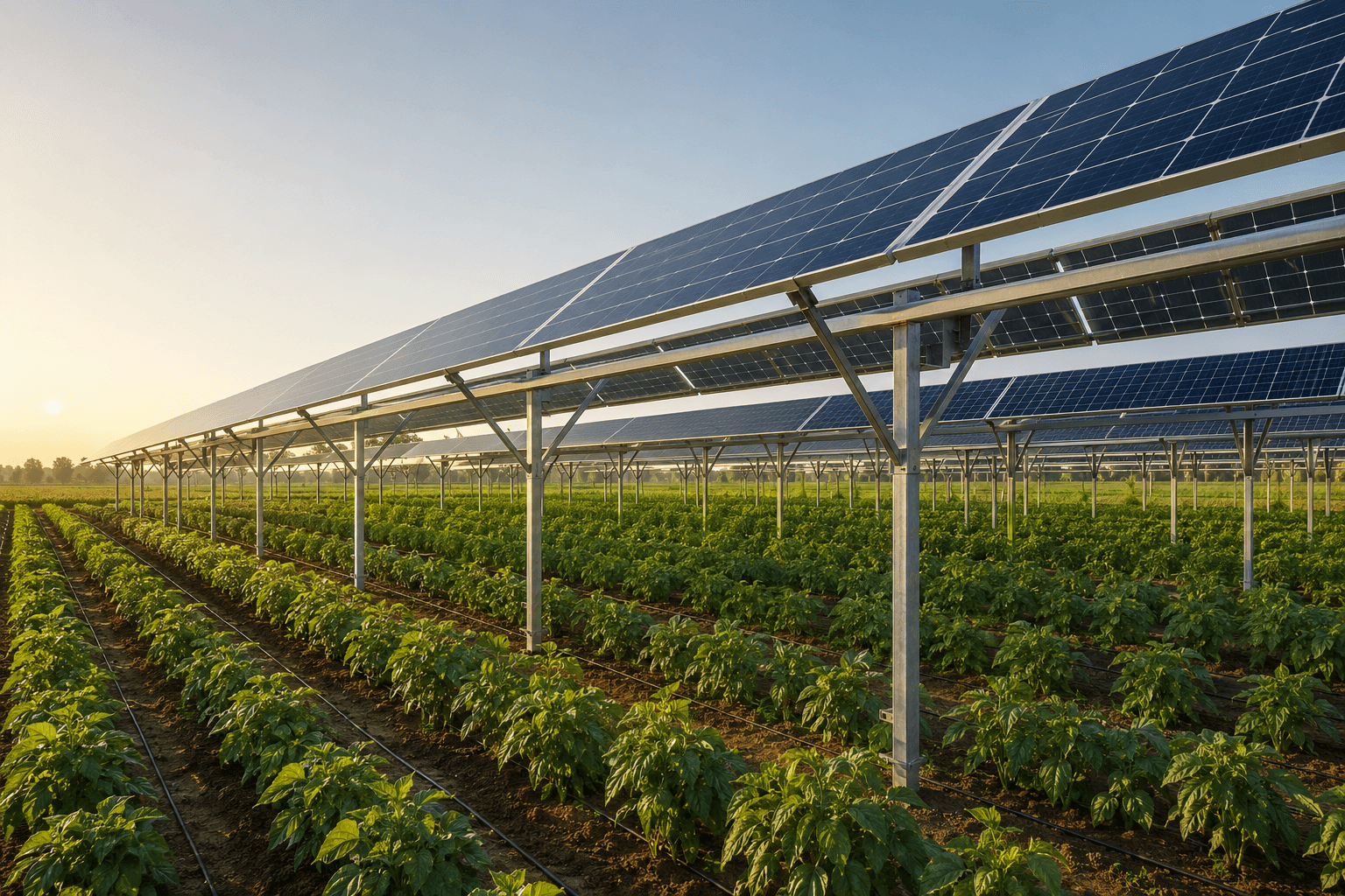 Conceptual agrivoltaic installation with elevated solar panels above green crop rows.